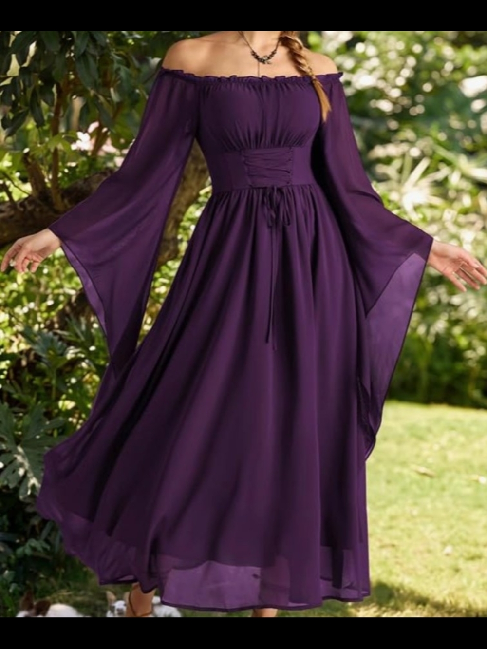 Off-Shoulder Rich Purple Maxi Dress with Bell Sleeves And Corset Detail